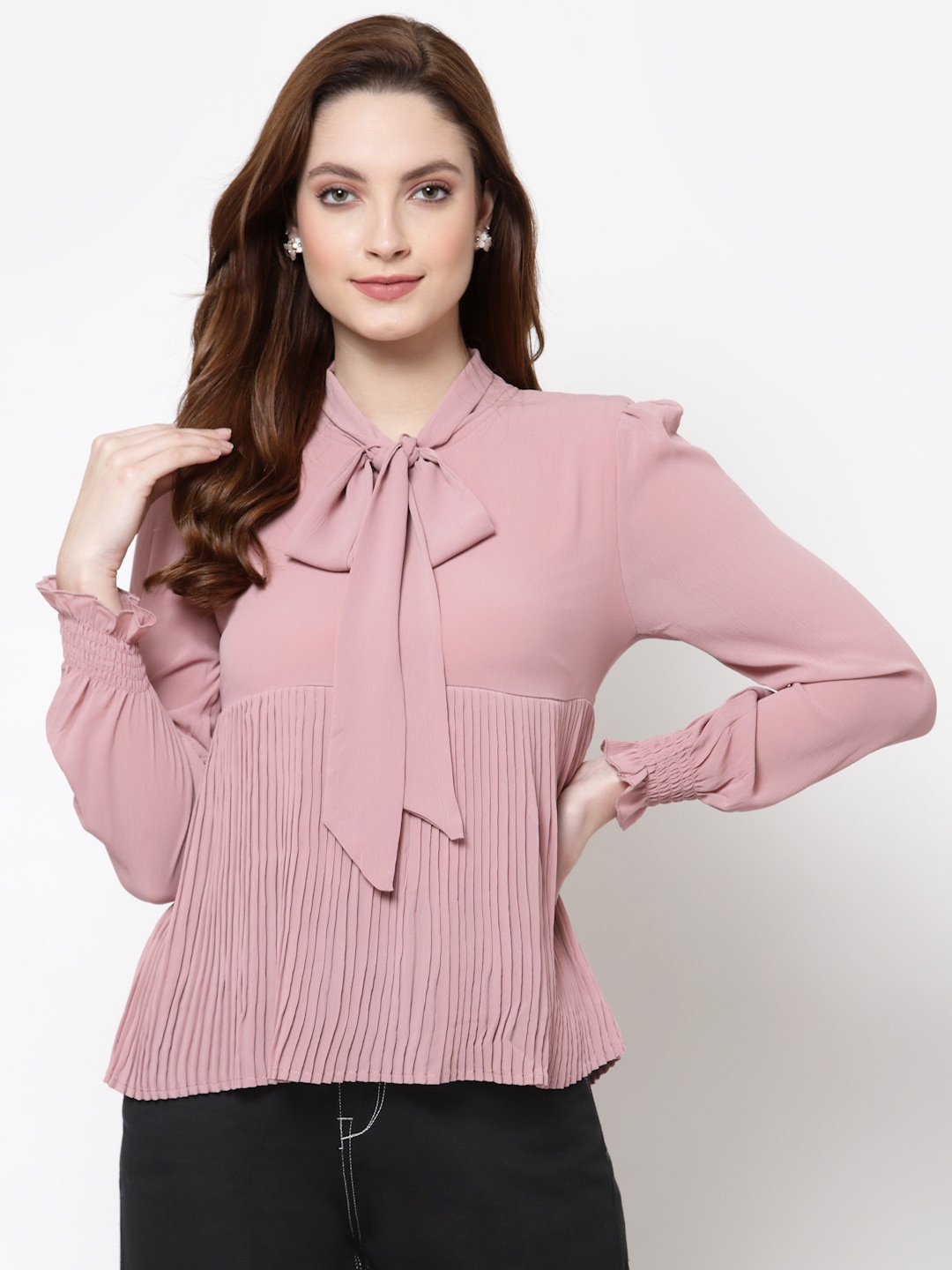 

Mafadeny Peach-Coloured Tie-Up Neck Chiffon Top