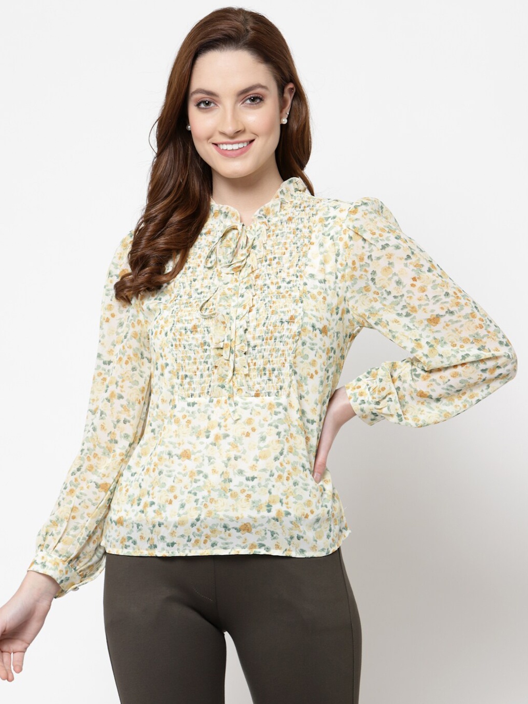

Mafadeny Women Yellow Floral Printed Tie-Up Neck Top