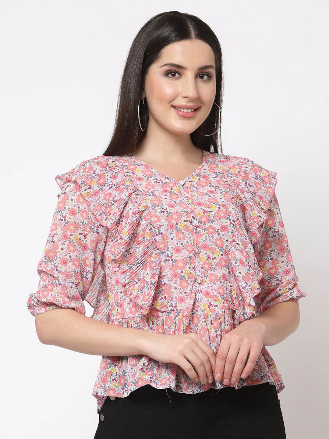 

Mafadeny Pink Floral Print Ruffles Georgette Blouson Top