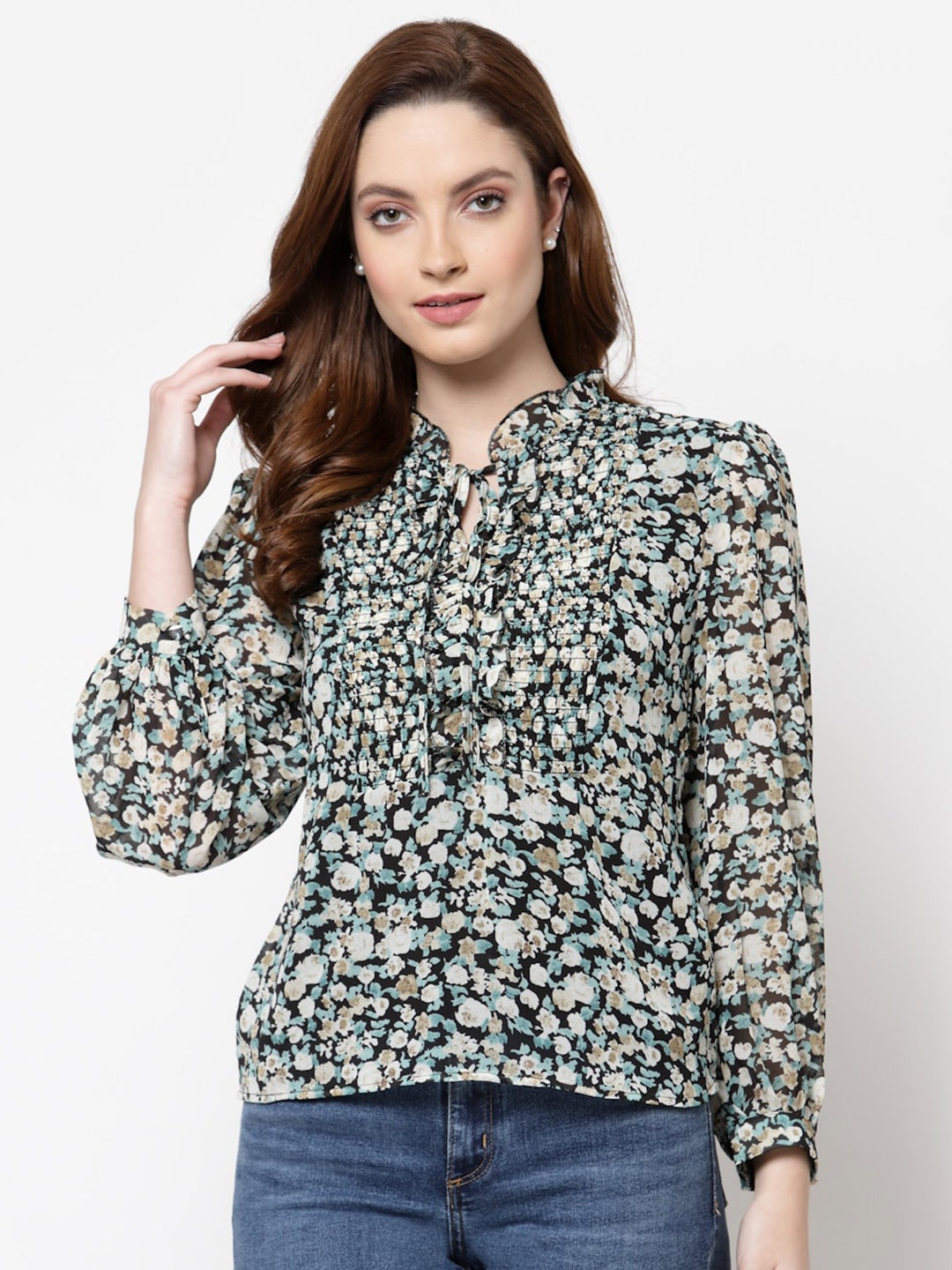 

Mafadeny Women Black Floral Printed Georgette A-Line Top