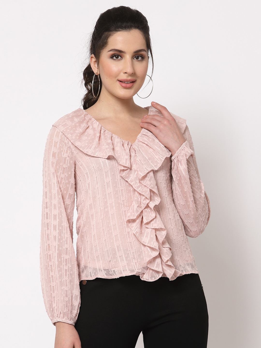 

Mafadeny Women Peach-Coloured Striped Georgette Top