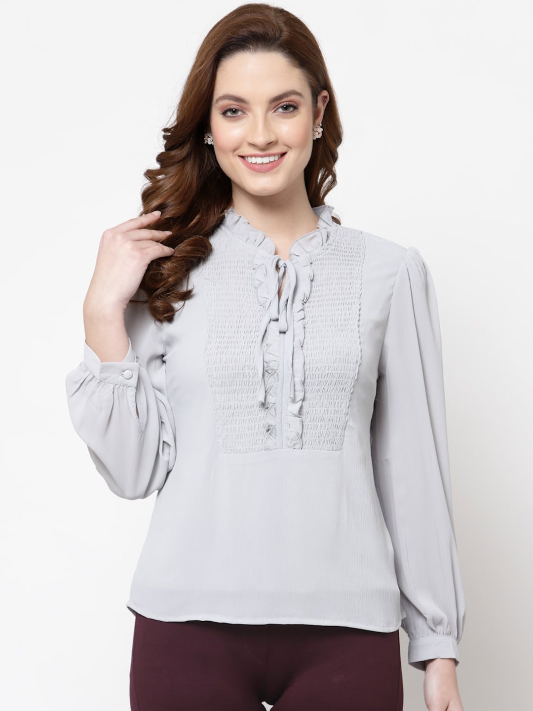 

Mafadeny Grey Tie-Up Neck Chiffon Top