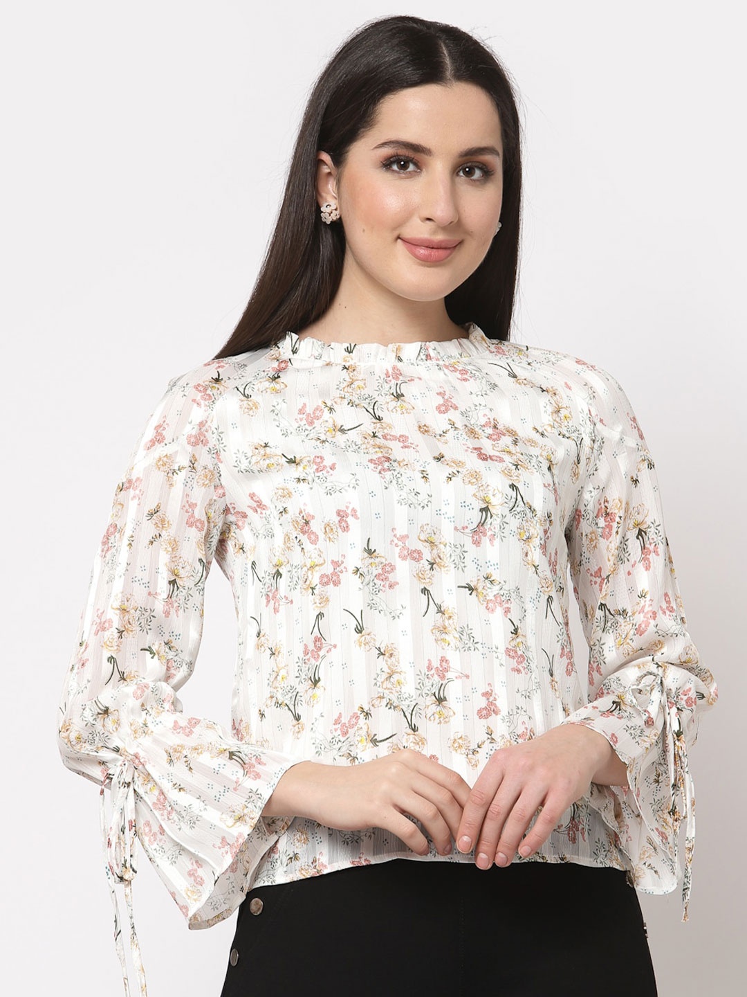 

Mafadeny White & Mauve Floral Print Georgette Blouson Top
