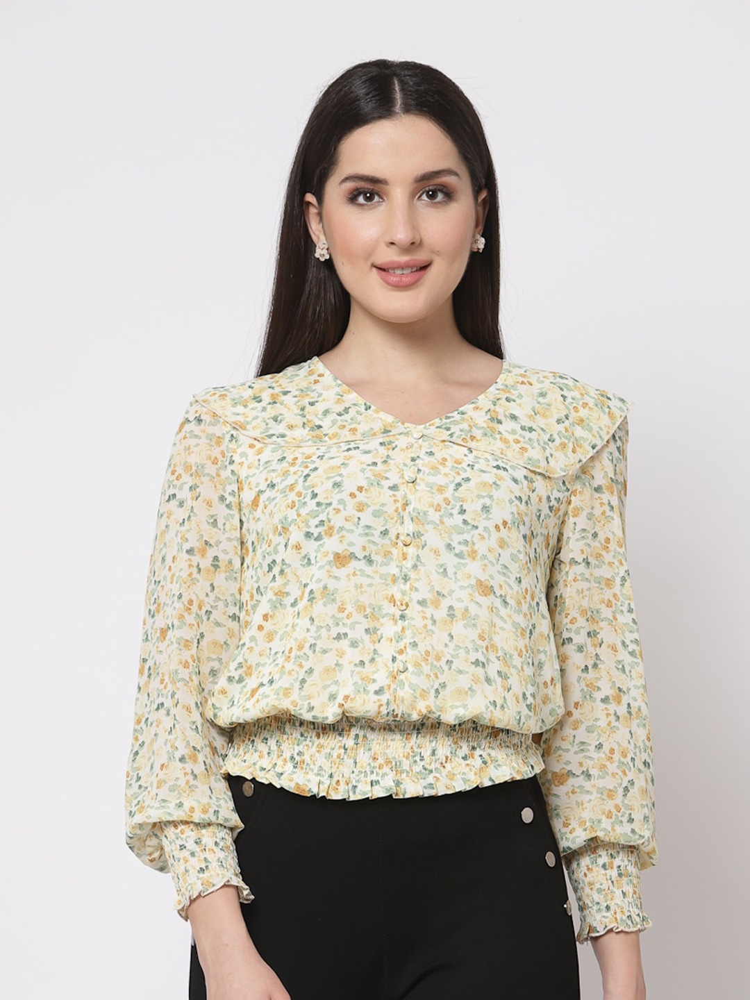 

Mafadeny Women Yellow Floral Printed Georgette Cinched Waist Top