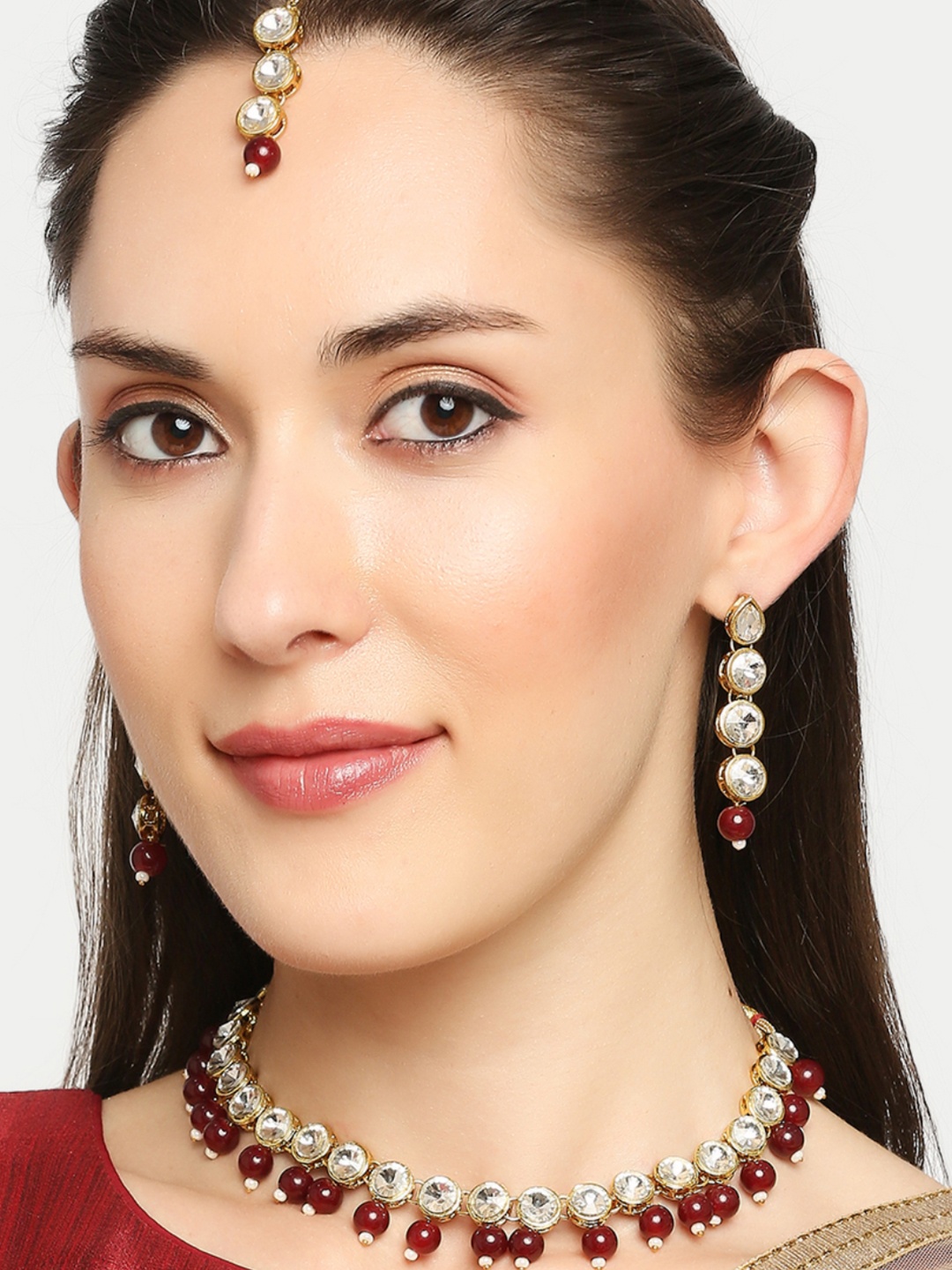 

GRIHAM Gold-Plated Maroon & White Beads & Kundan Jewellery Set