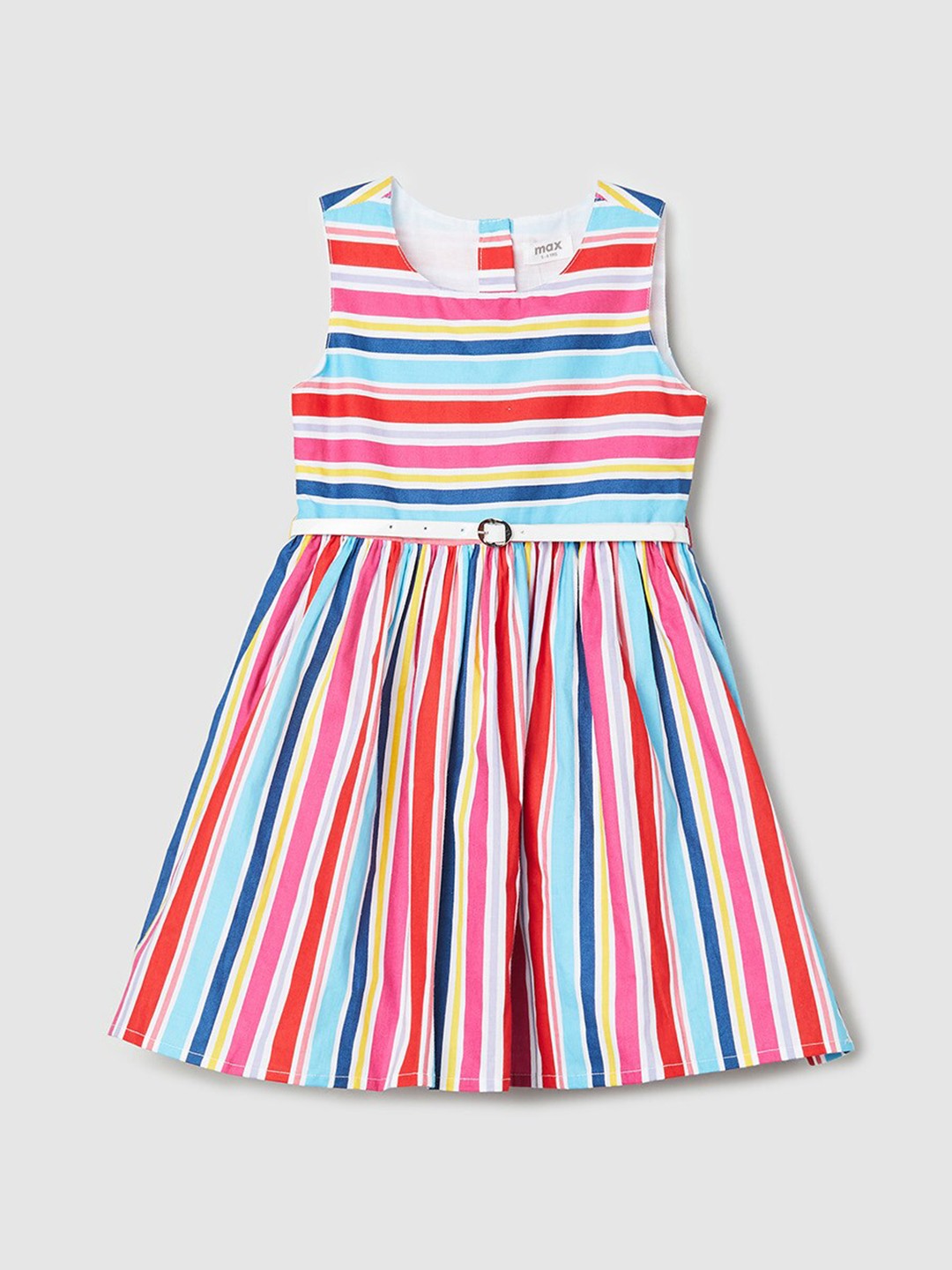

max Girls Pink & Blue Striped Pure Cotton Fit & Flare Dress