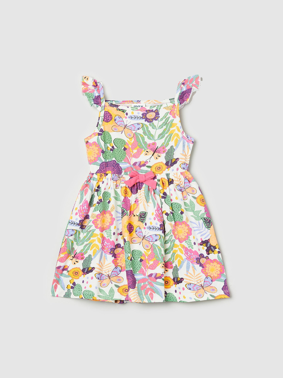

max Girls White & Green Printed Pure Cotton Dress