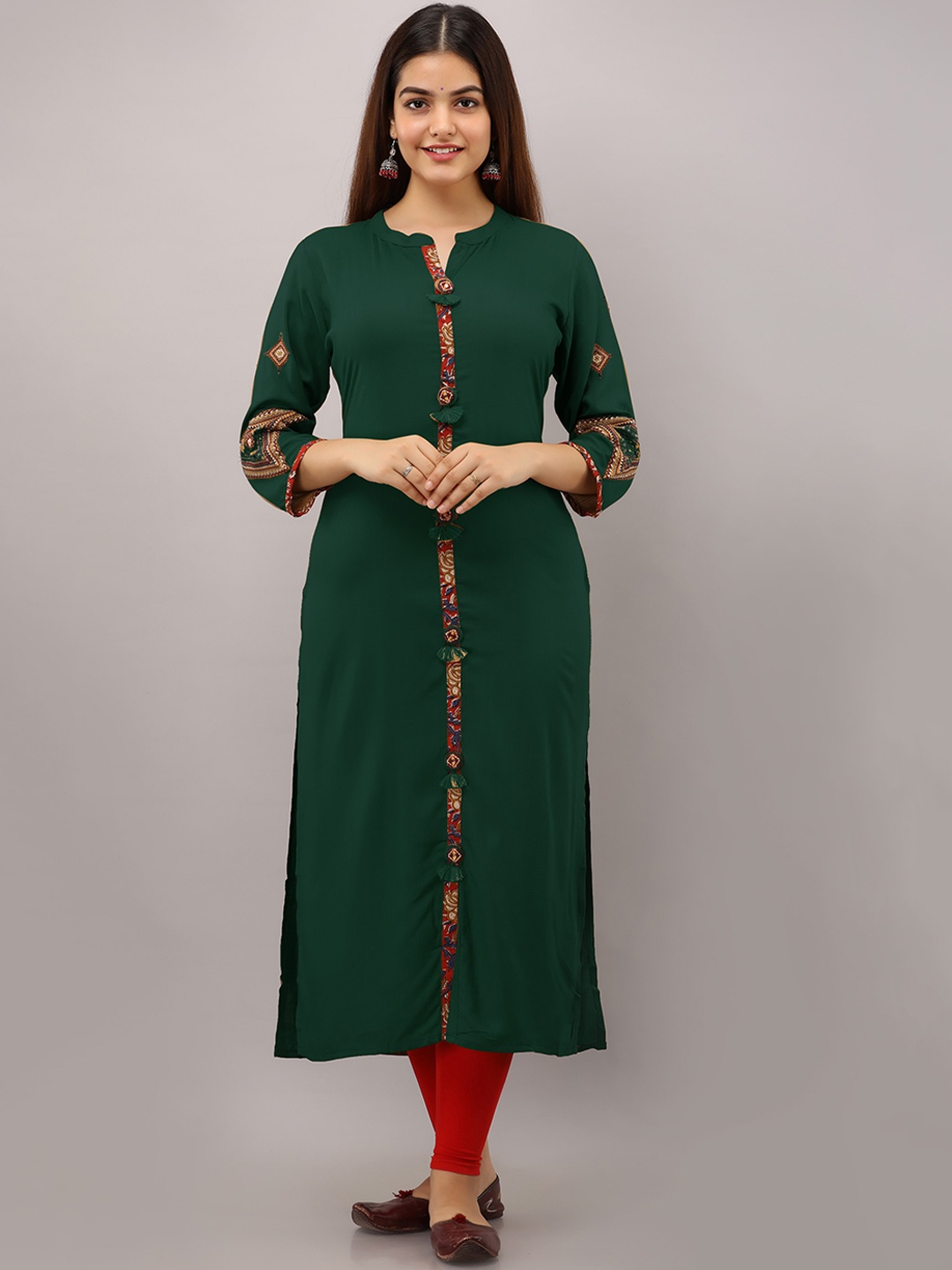 

PREKSHA Women Green & Red Ethnic Motifs Embroidered Thread Work Kurta