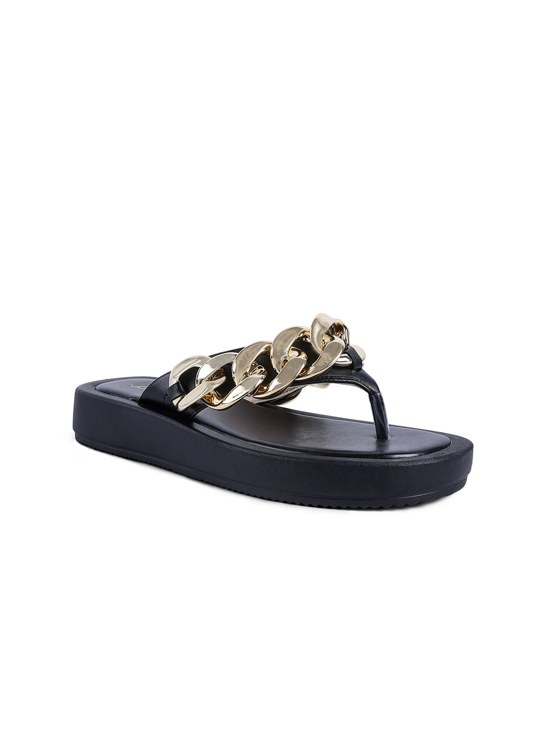 

London Rag Gold-Toned & Black Chunky Metal Embellished PU Flatform Sandals
