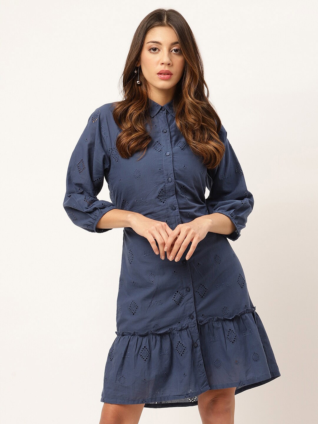 

ELLE Blue Embroidered Shirt Collar Cuffed Sleeves Dress