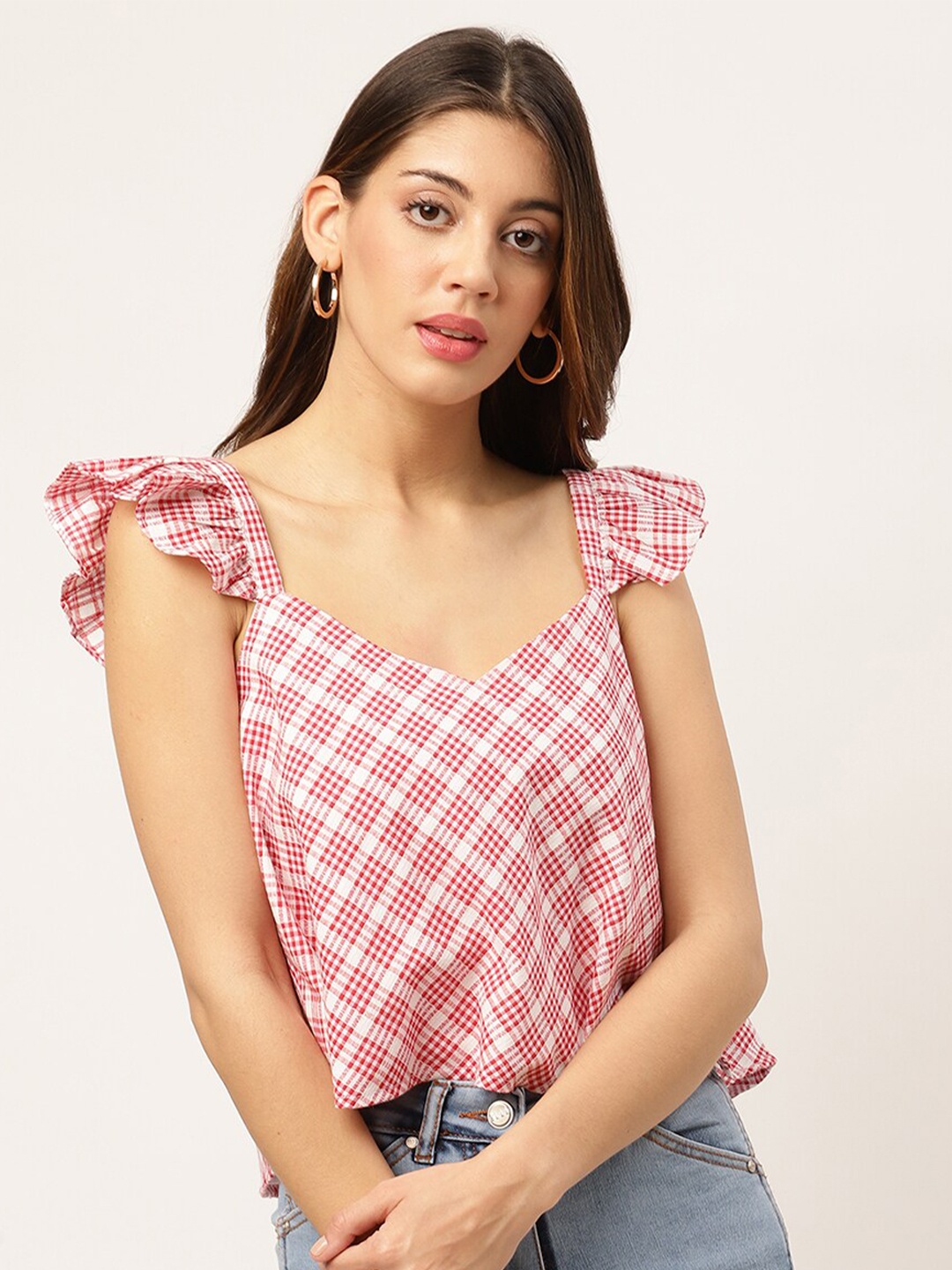 

ELLE Red & White Checked Sweetheart Neck Flutter Sleeves Pure Cotton Regular Top