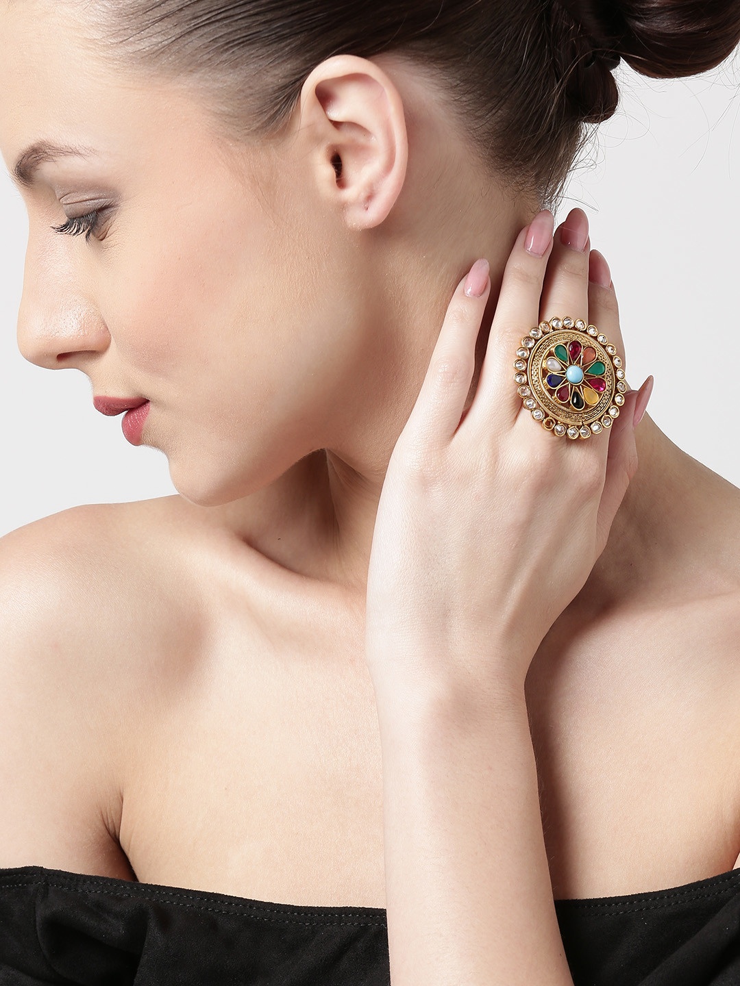 

PANASH Multicoloured Stone-Studded Ring, Multi