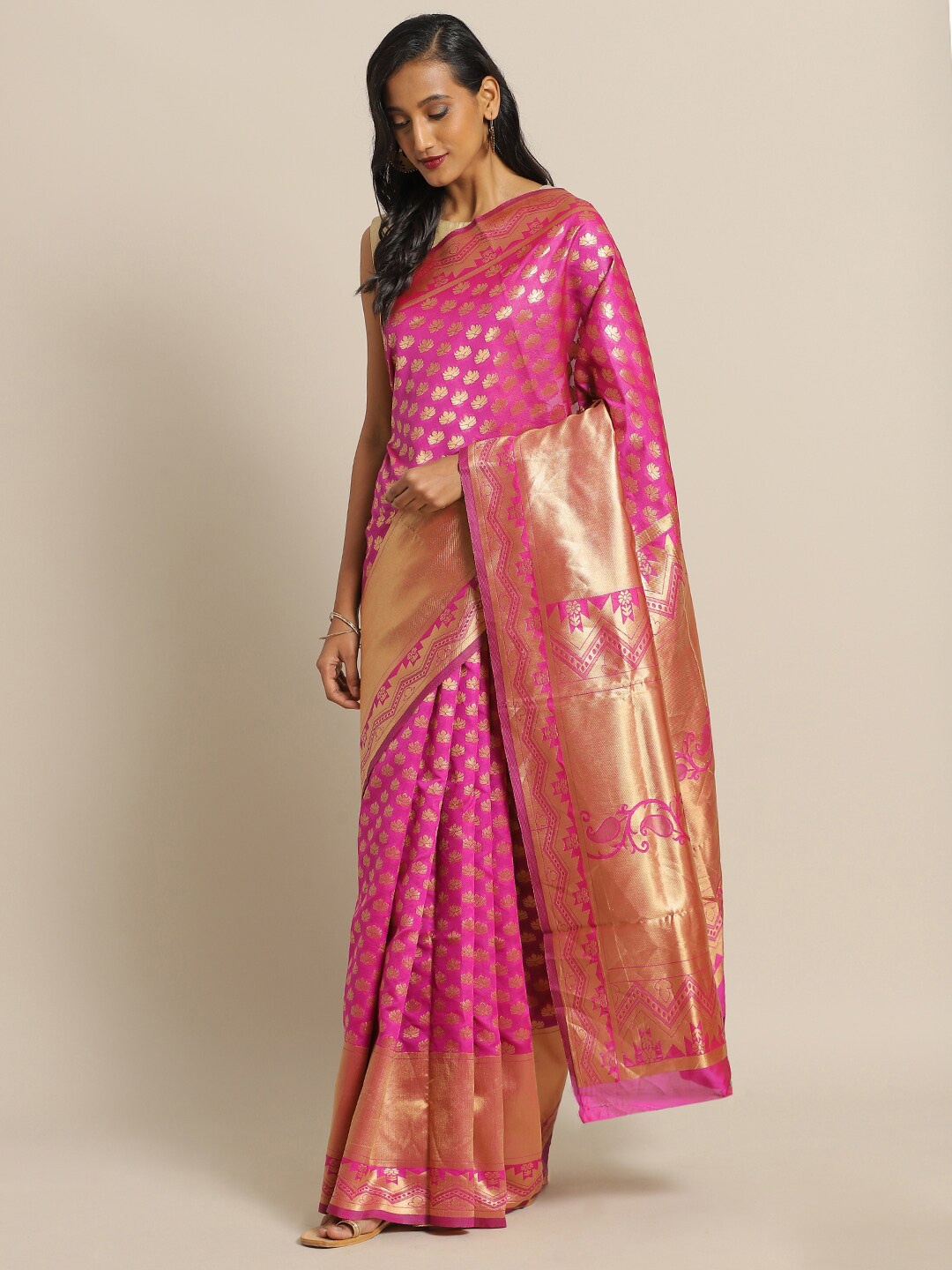 

Mitera Pink & Gold-Toned Woven Design Zari Silk Blend Banarasi Saree