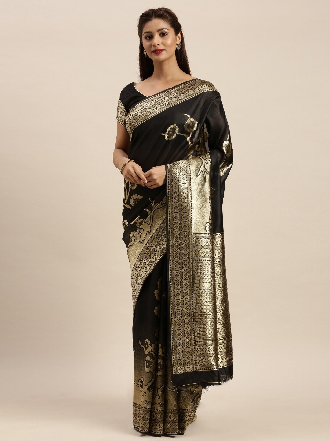 

Mitera Black & Gold-Toned Woven Design Zari Silk Blend Banarasi Saree