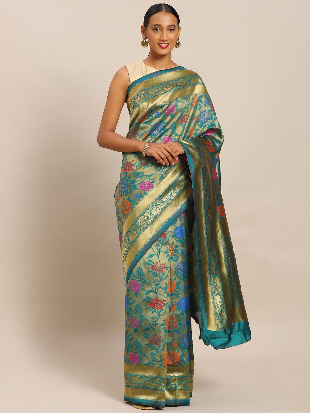 

Mitera Blue & Orange Woven Design Zari Silk Blend Banarasi Saree