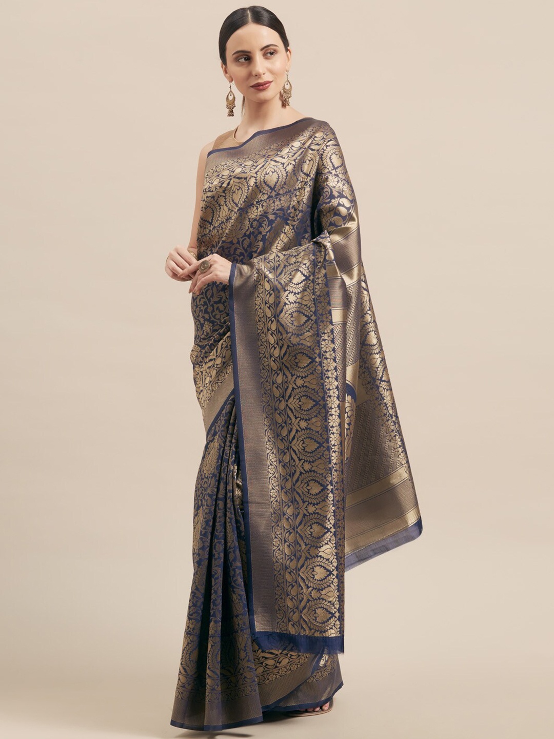 

Mitera Navy Blue & Gold-Toned Woven Design Zari Silk Blend Banarasi Saree