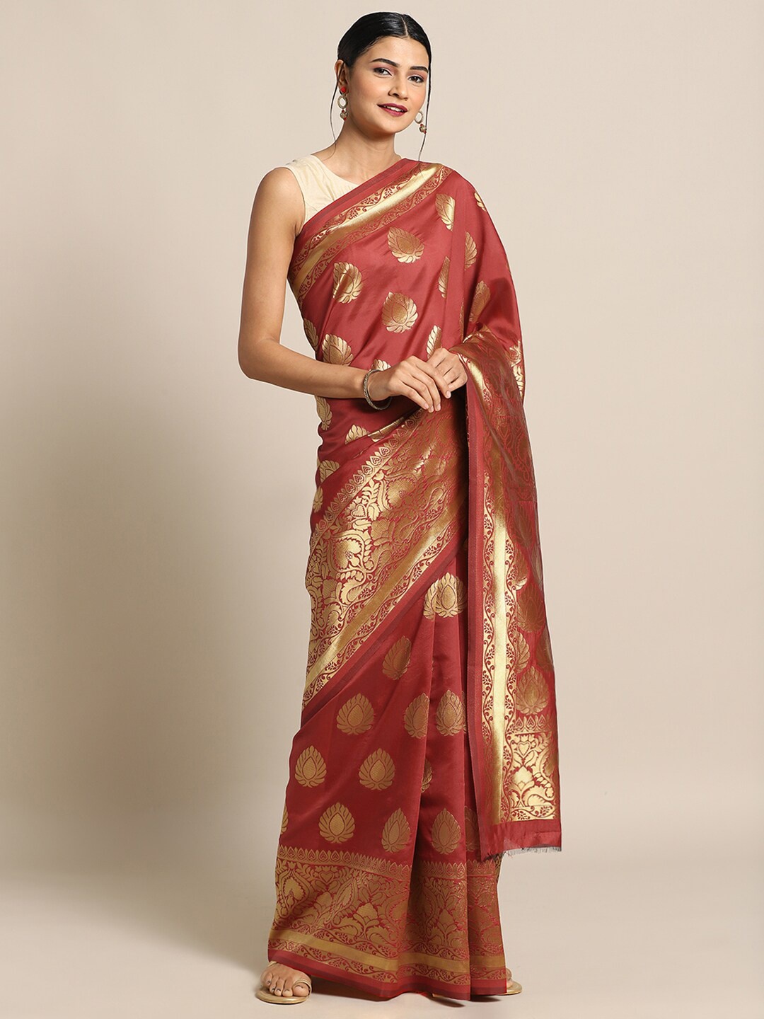 

Mitera Red & Golden Ethnic Motifs Zari Silk Blend Banarasi Saree