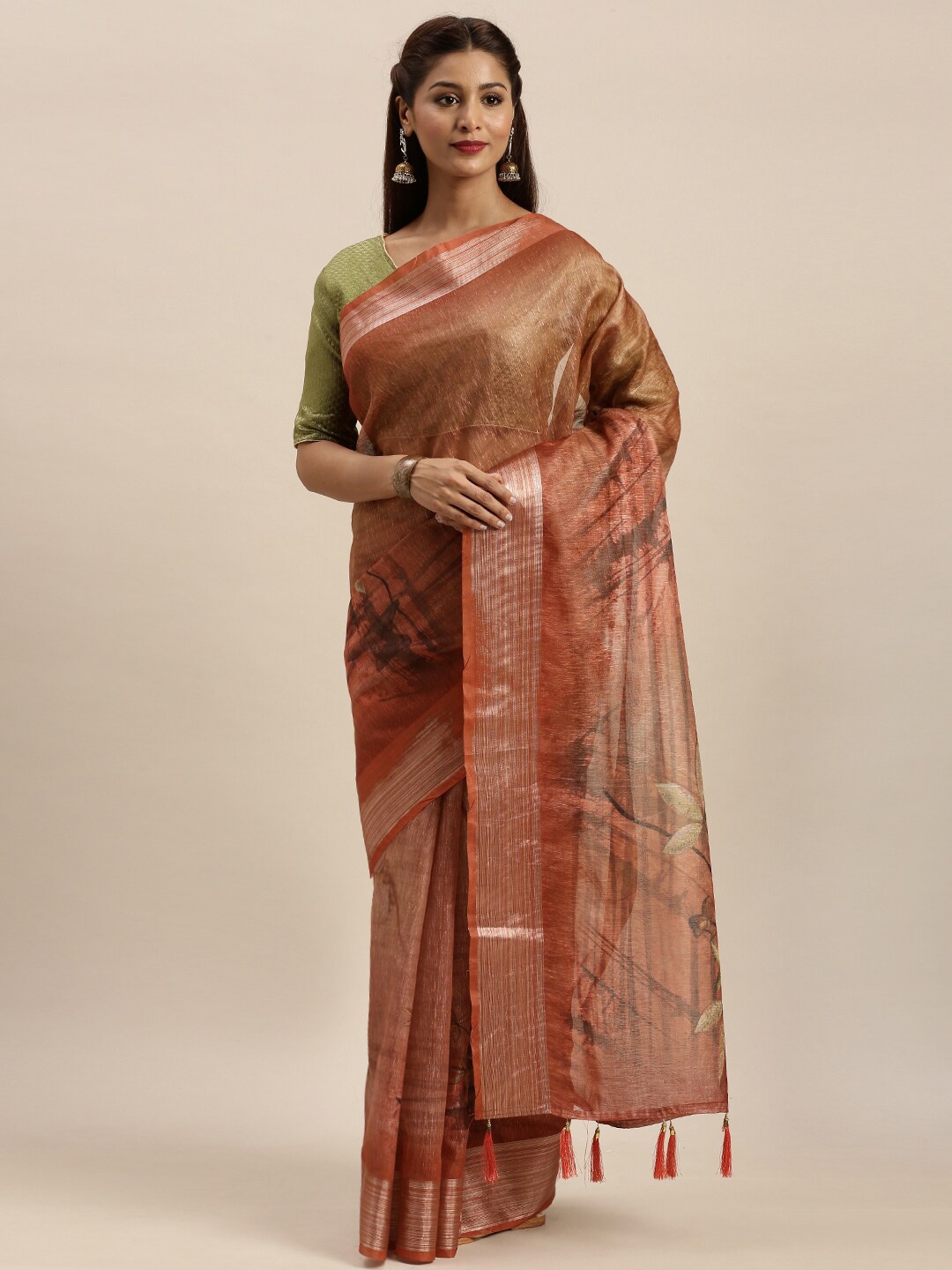 

Mitera Peach-Coloured & Grey Floral Zari Silk Blend Saree