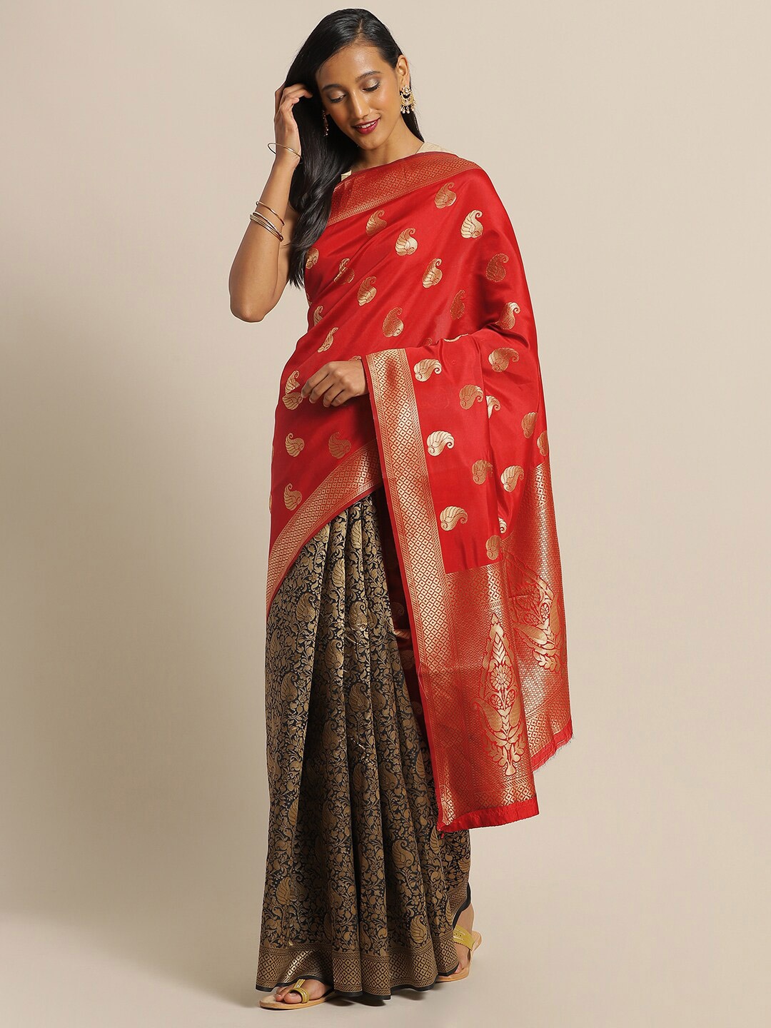 

Mitera Red & Golden Paisley Zari Silk Blend Half and Half Banarasi Saree