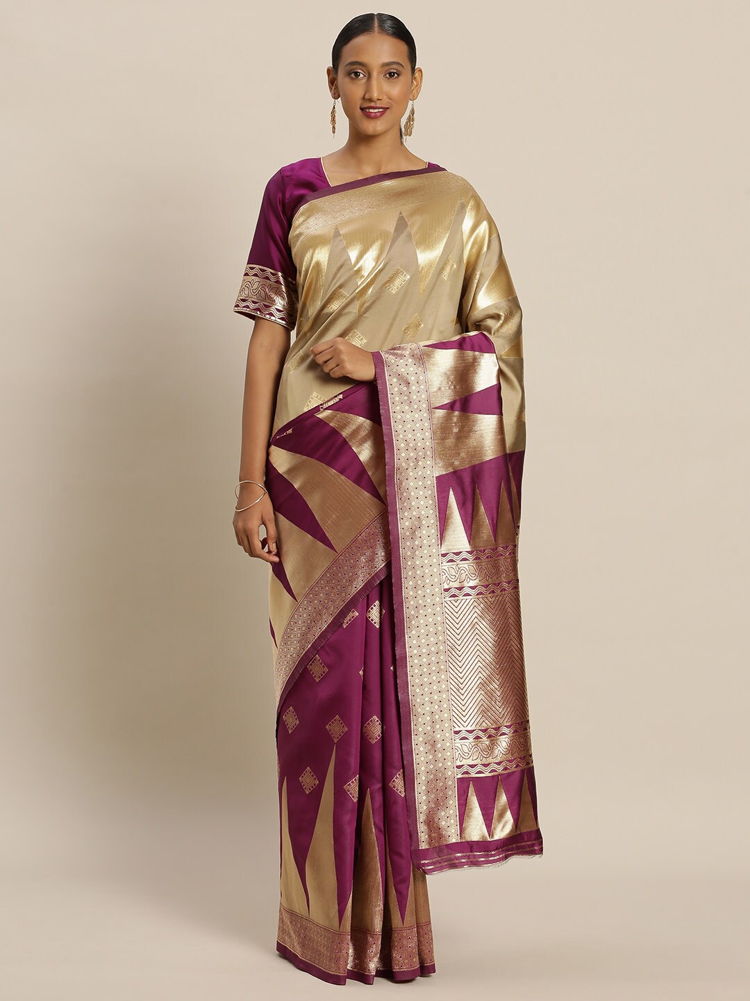

Mitera Purple & Golden Ethnic Motifs Zari Silk Blend Banarasi Saree