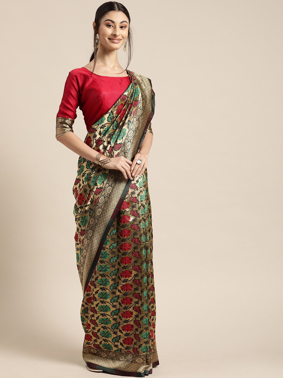 

Mitera Gold-Toned & Red Woven Design Zari Silk Blend Banarasi Saree