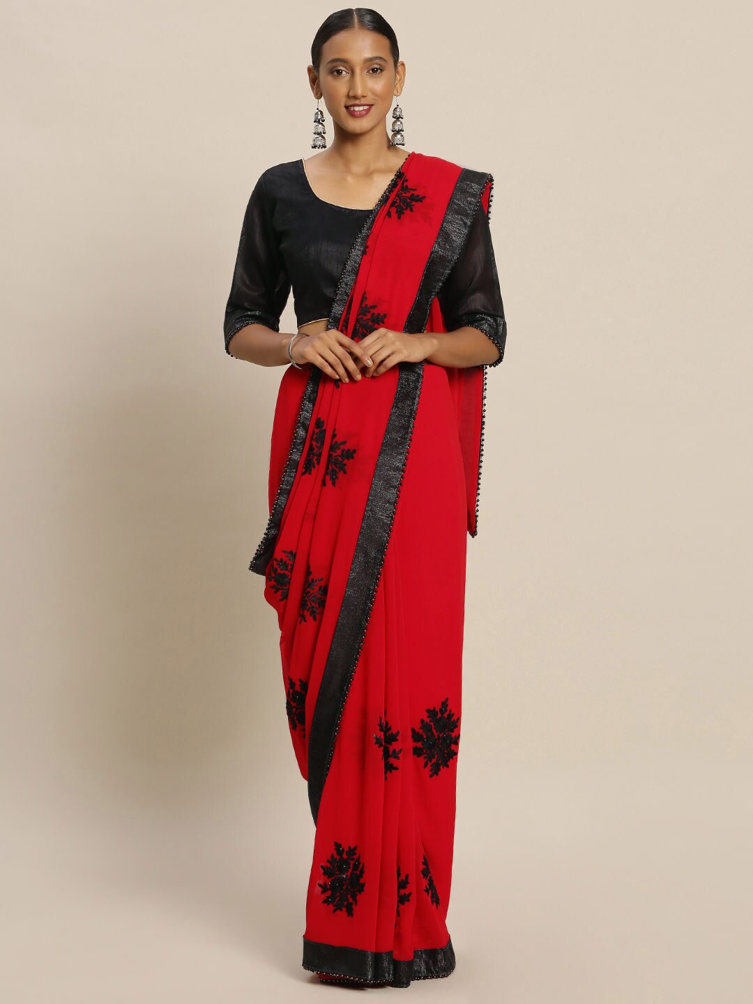 

Mitera Red & Black Floral Poly Georgette Embroidered Saree