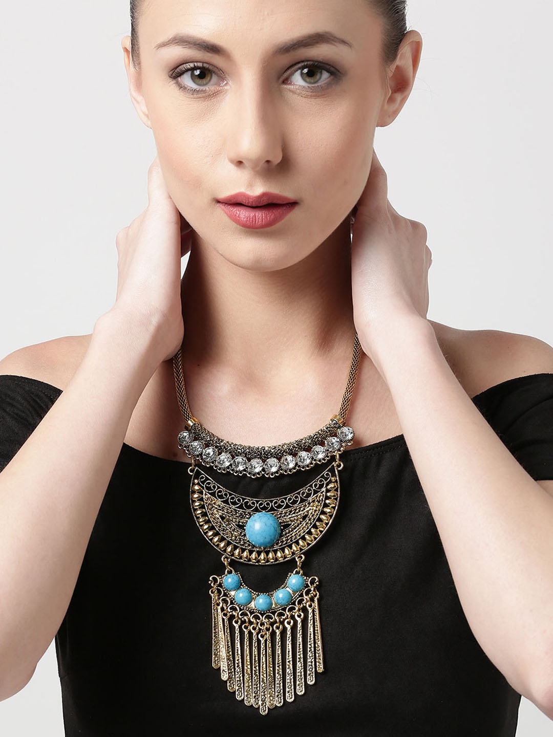 

PANASH Antique Gold-Toned Stone-Studded Statement Necklace