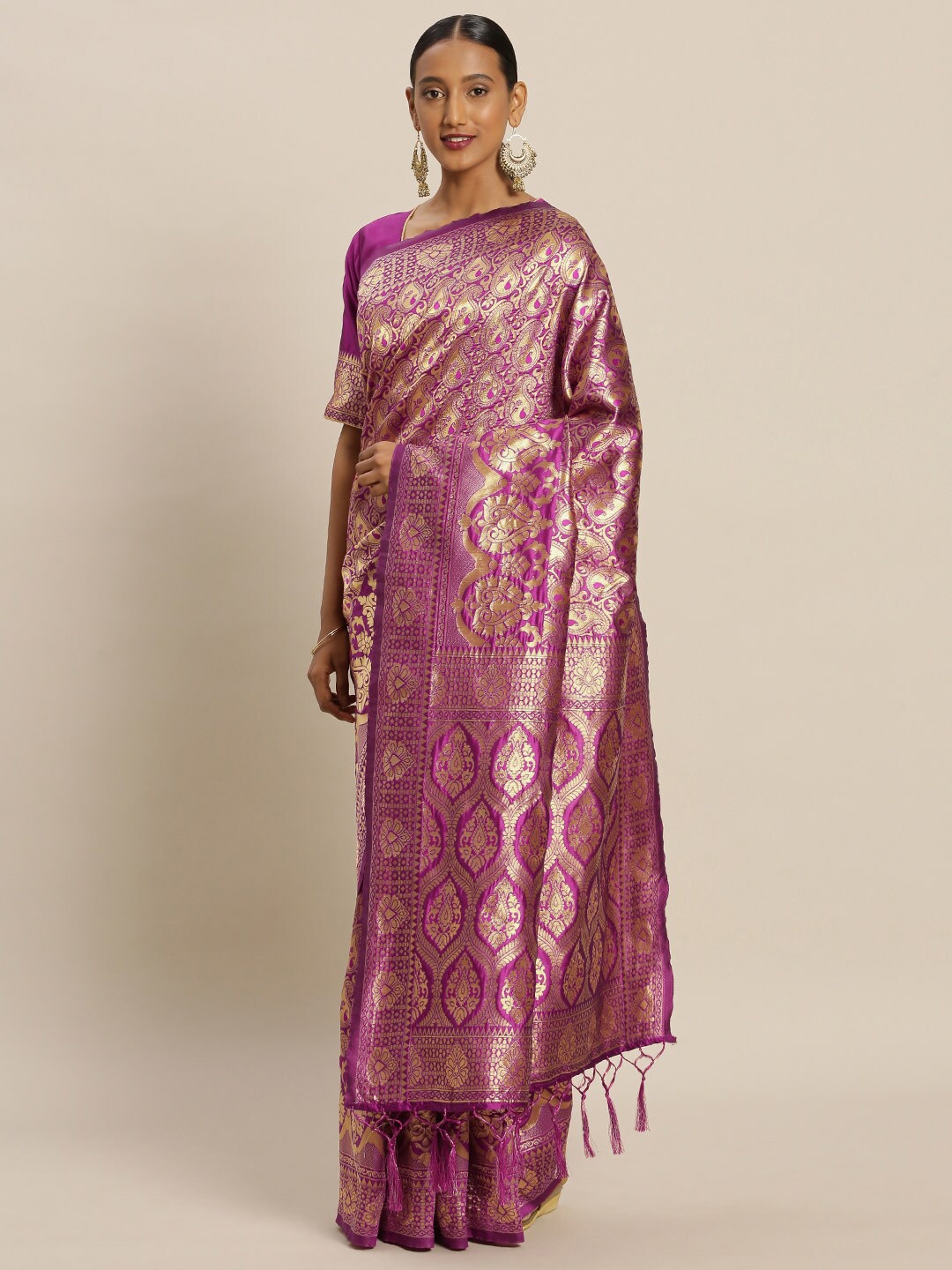 

Mitera Pink & Gold-Toned Woven Design Zari Silk Blend Banarasi Saree