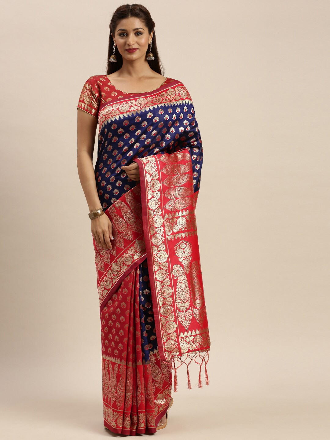 

Mitera Navy Blue & Red Ethnic Motifs Zari Silk Blend Banarasi Saree