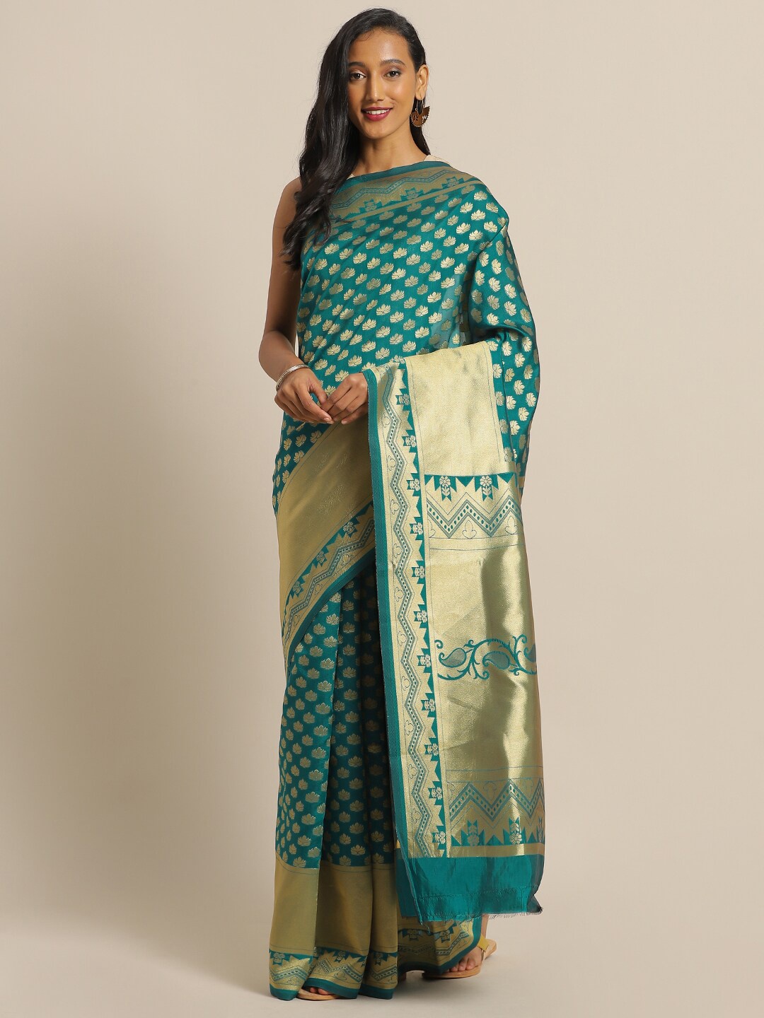 

Mitera Green Woven Design Zari Silk Blend Banarasi Saree