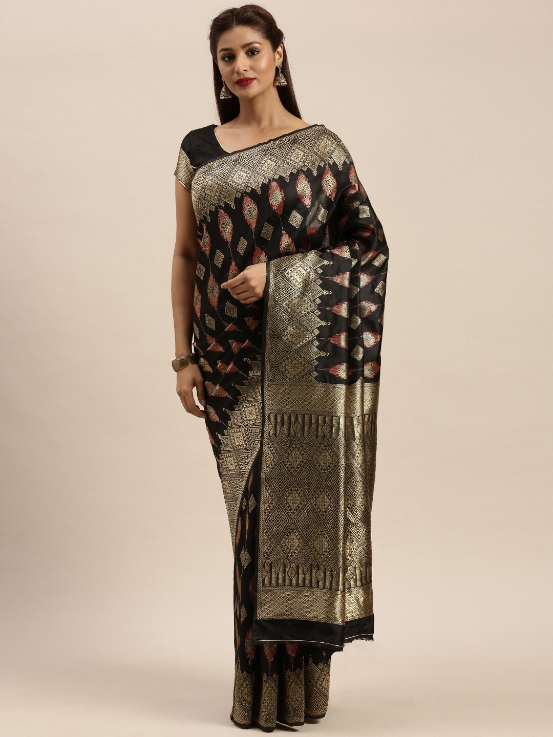 

Mitera Black & Gold-Toned Woven Design Zari Silk Blend Banarasi Saree