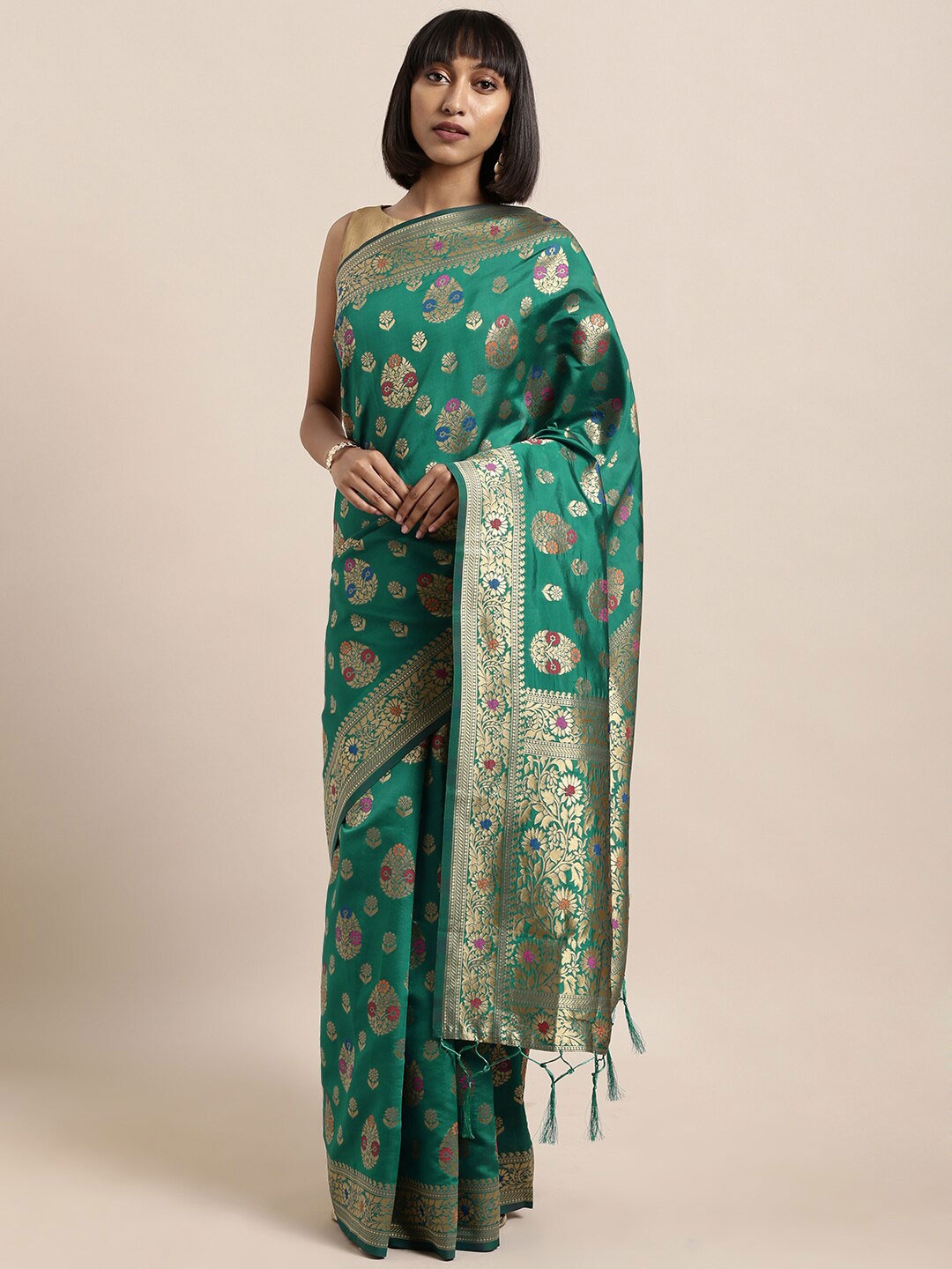 

Mitera Green & Red Floral Zari Silk Blend Banarasi Saree
