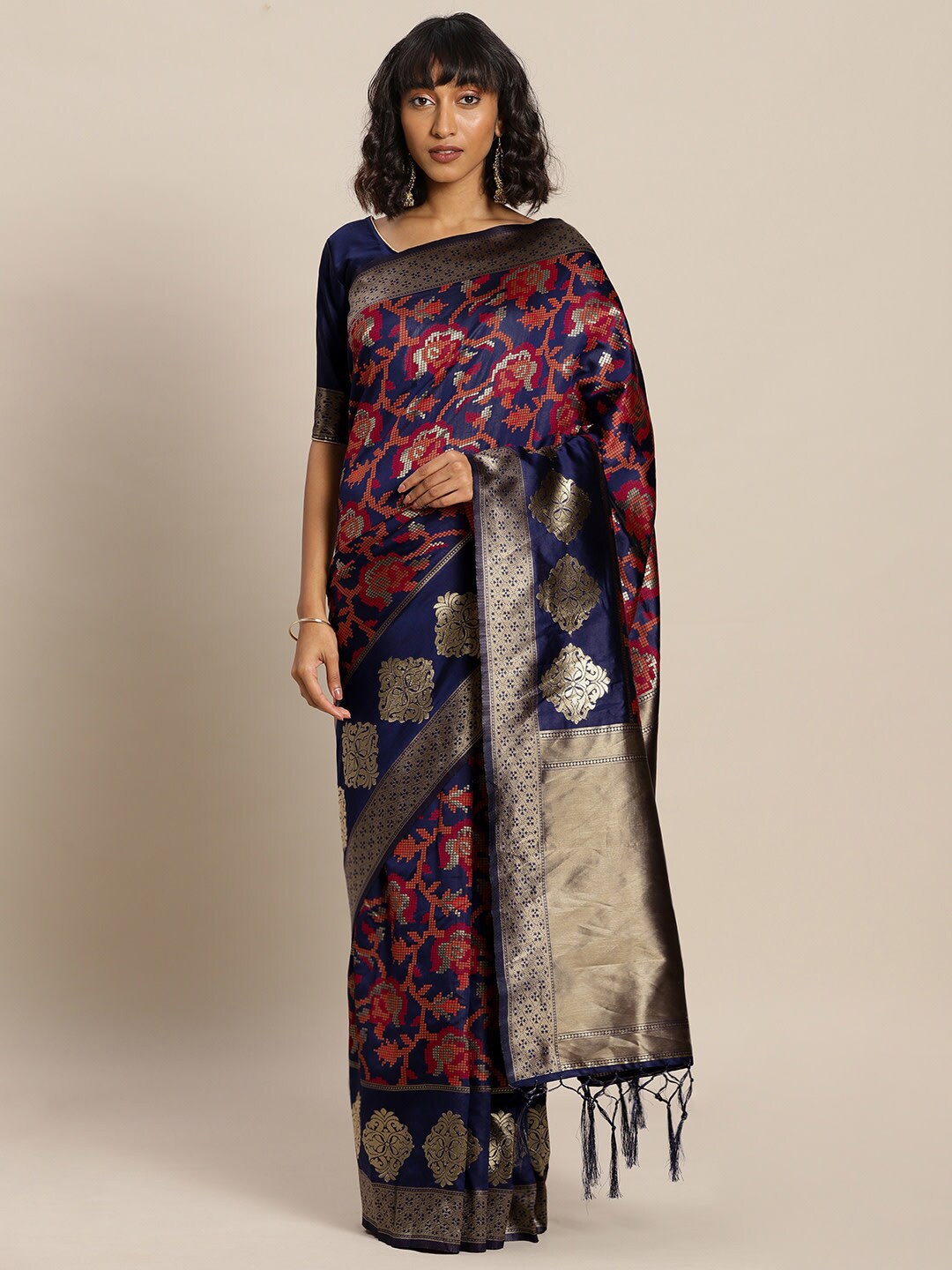 

Mitera Navy Blue & Red Woven Design Zari Silk Blend Banarasi Saree