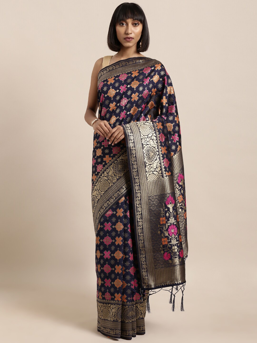 

Mitera Navy Blue & Pink Ethnic Motifs Silk Blend Banarasi Saree