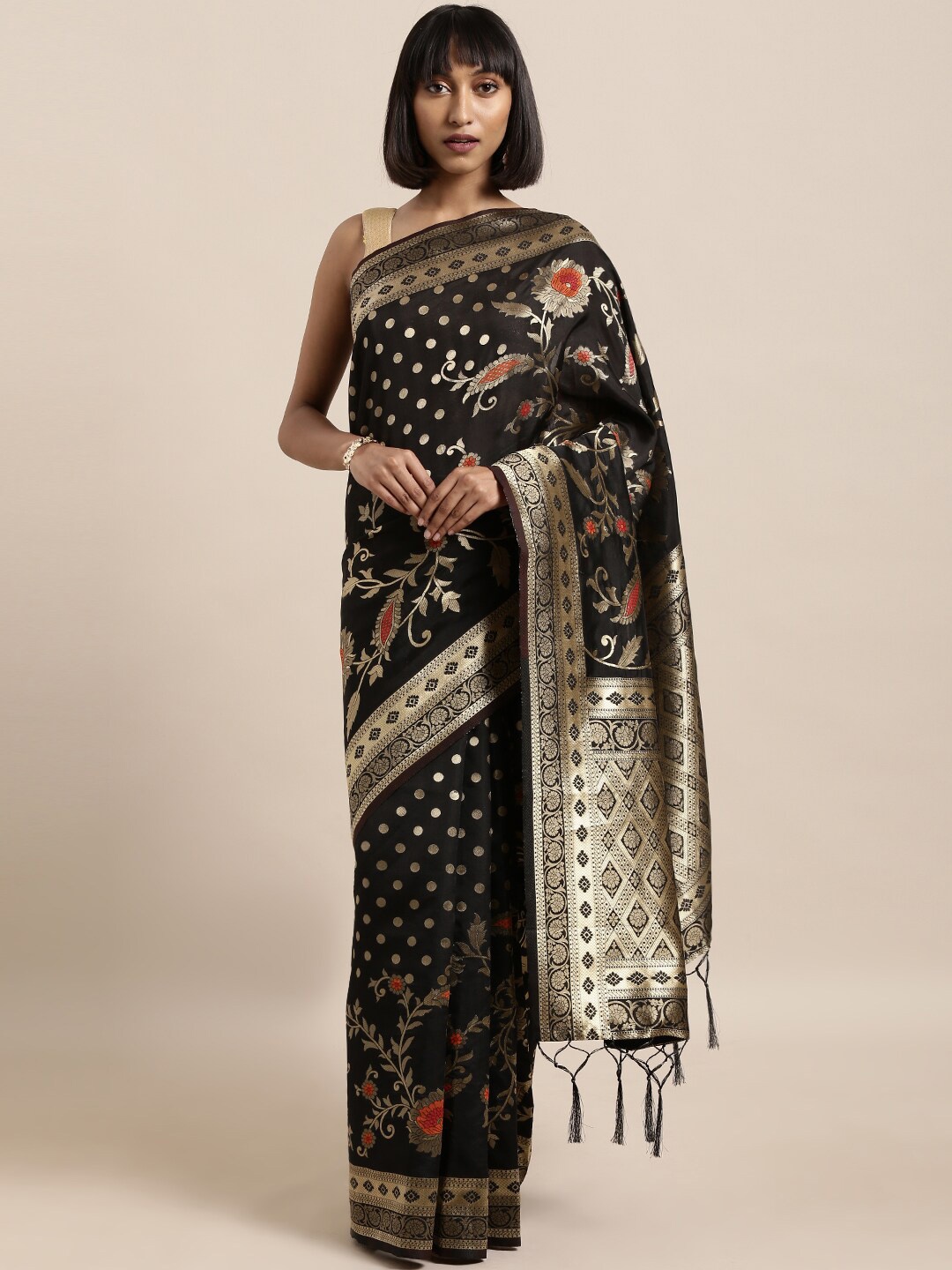 

Mitera Black & Gold-Toned Woven Design Zari Silk Blend Banarasi Saree