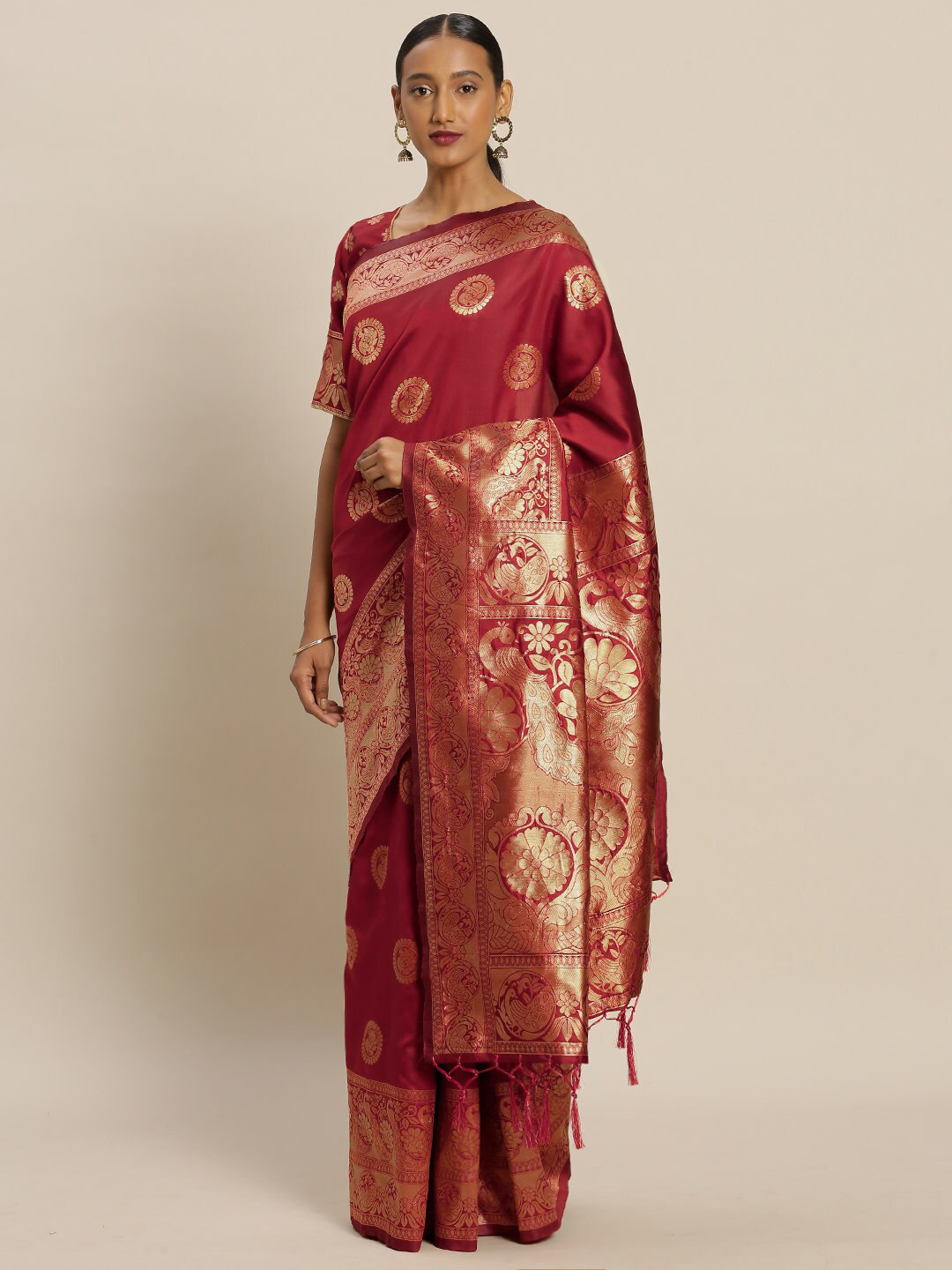 

Mitera Red & Silver-Toned Ethnic Motifs Zari Silk Blend Banarasi Saree