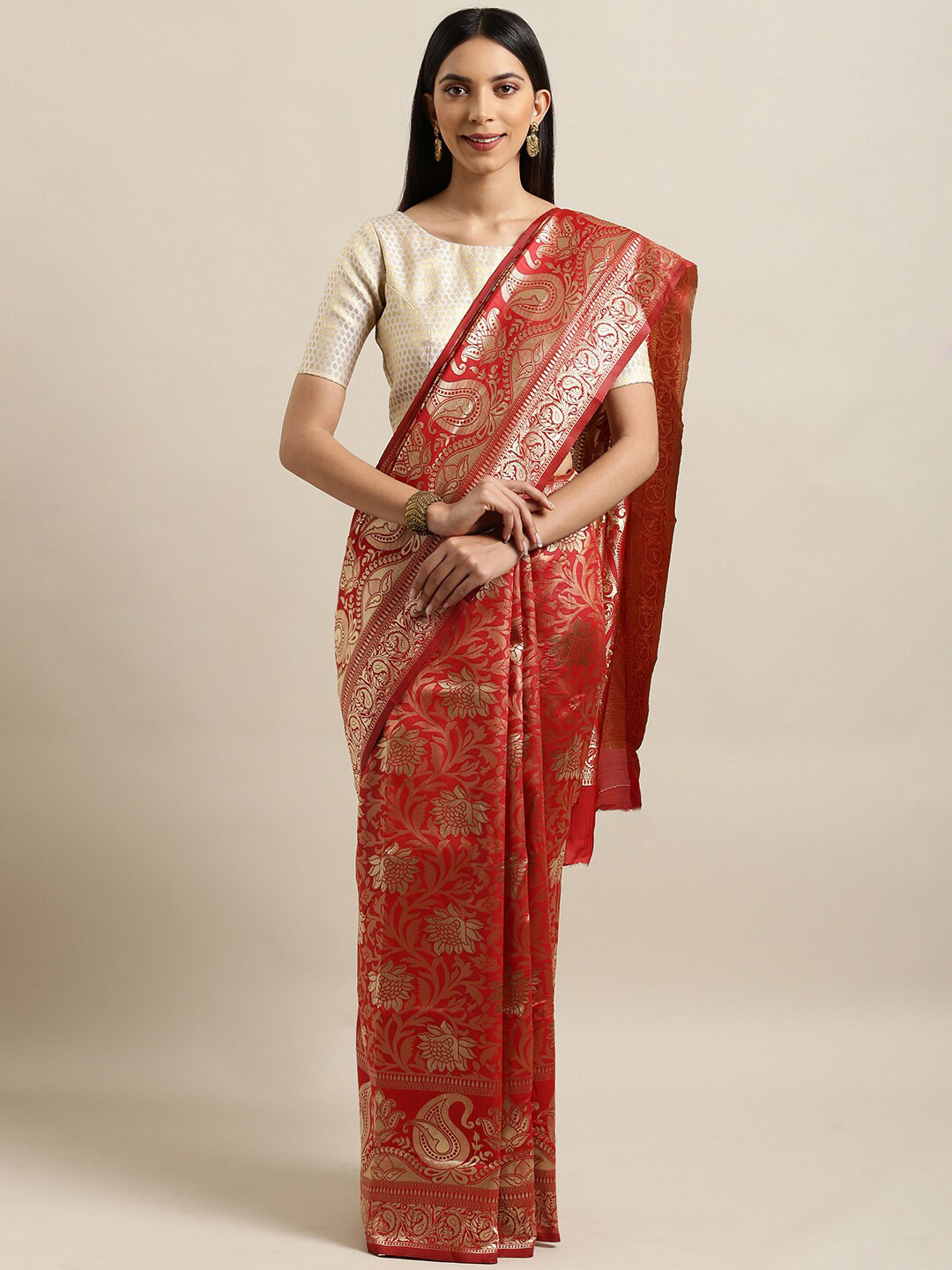 

Mitera Red & Gold-Toned Woven Design Zari Silk Blend Banarasi Saree