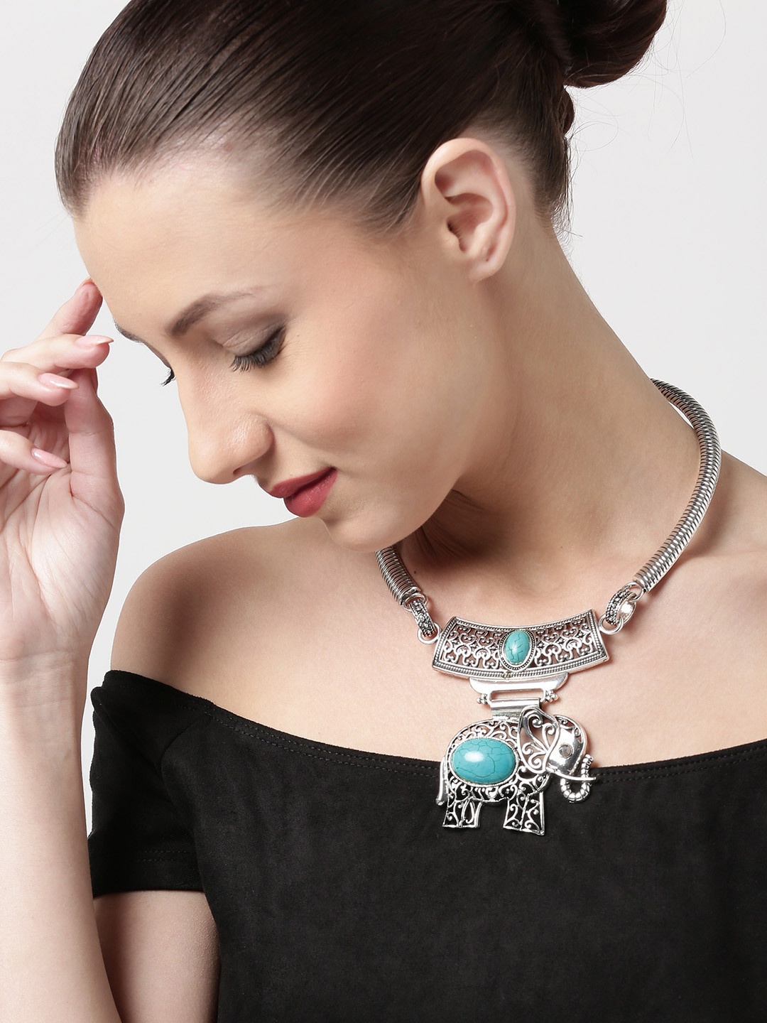 

PANASH Oxidised Silver-Toned Stone-Studded Statement Necklace