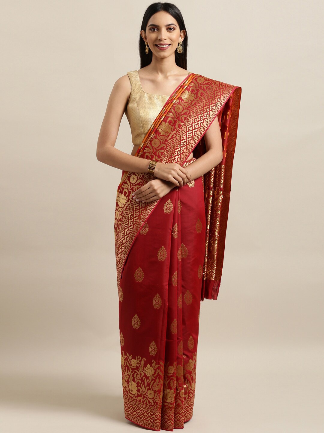 

Mitera Multicoloured & Gold-Toned Ethnic Motifs Zari Silk Blend Banarasi Saree, Multi
