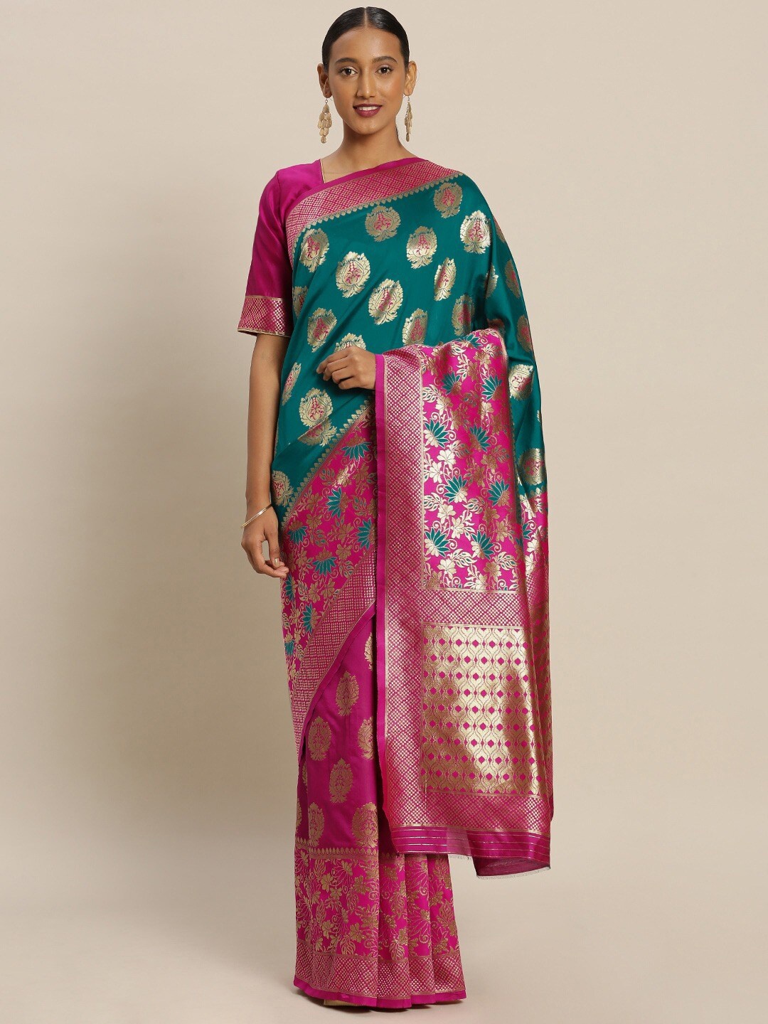 

Mitera Pink & Green Woven Design Zari Silk Blend Banarasi Saree