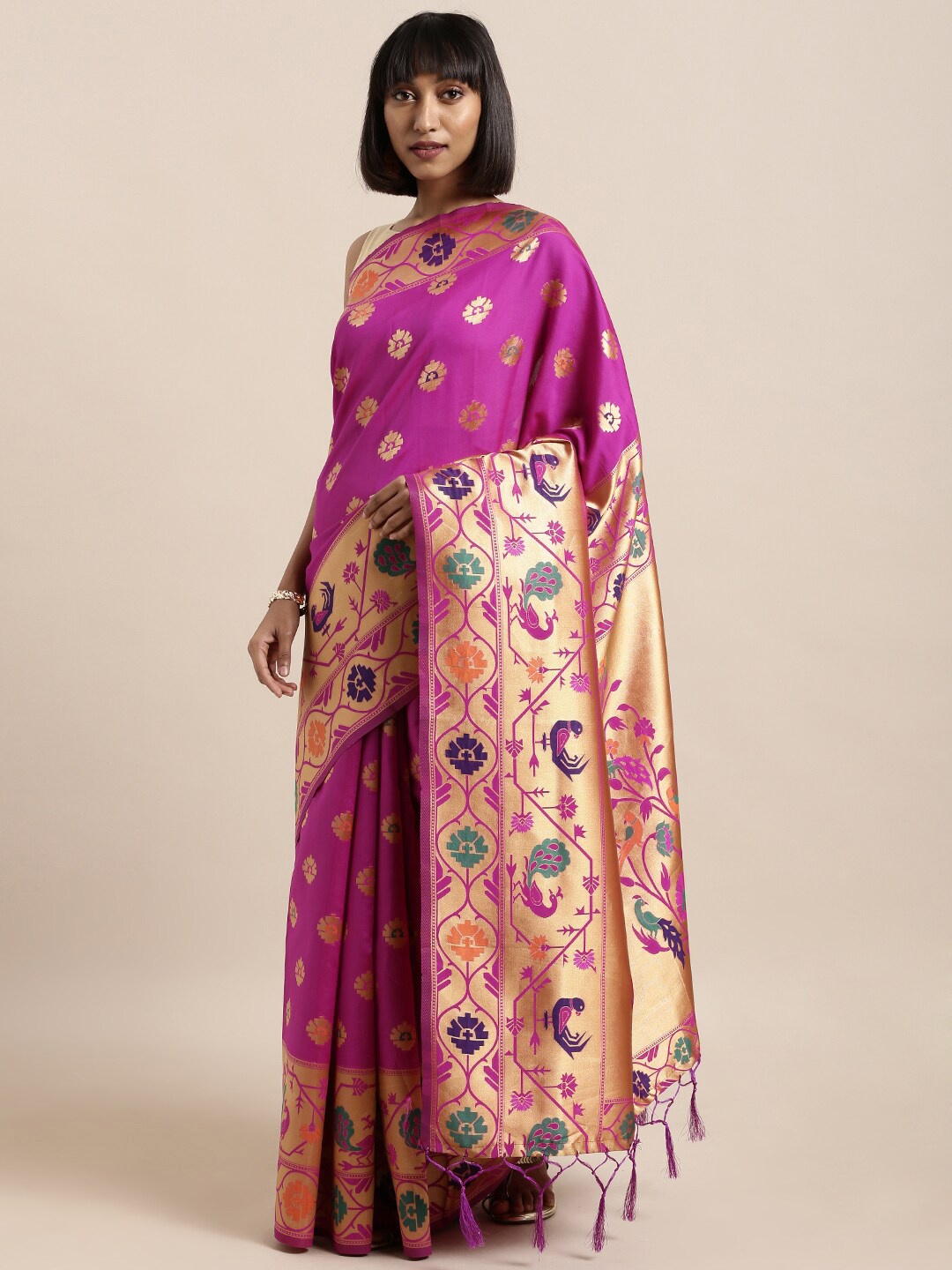 

Mitera Pink & Green Ethnic Motifs Zari Silk Blend Banarasi Saree