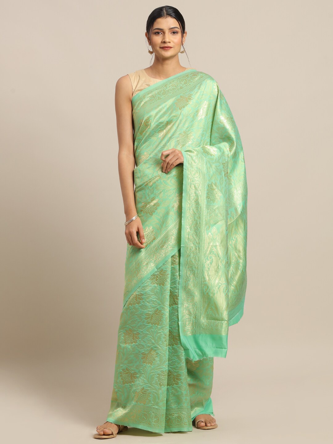 

Mitera Sea Green & Gold-Toned Floral Zari Silk Blend Banarasi Saree