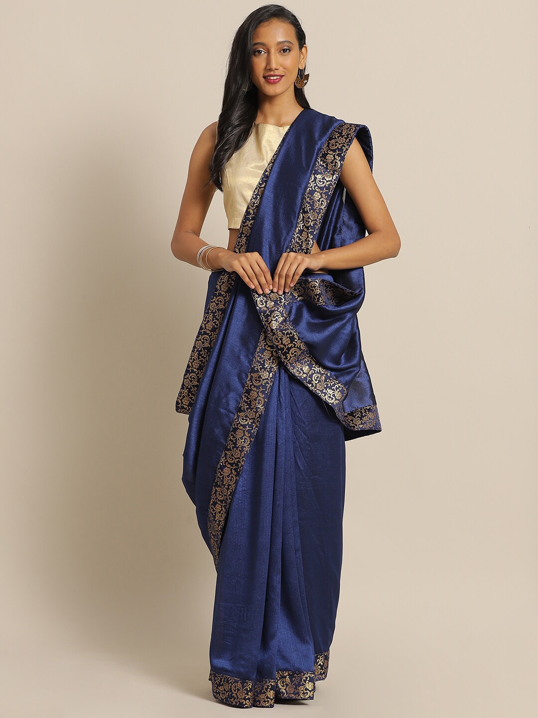 

Mitera Navy Blue & Gold-Toned Zari Silk Blend Saree