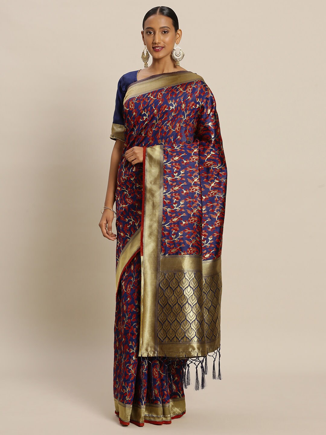 

Mitera Navy Blue & Golden Floral Zari Silk Blend Banarasi Saree