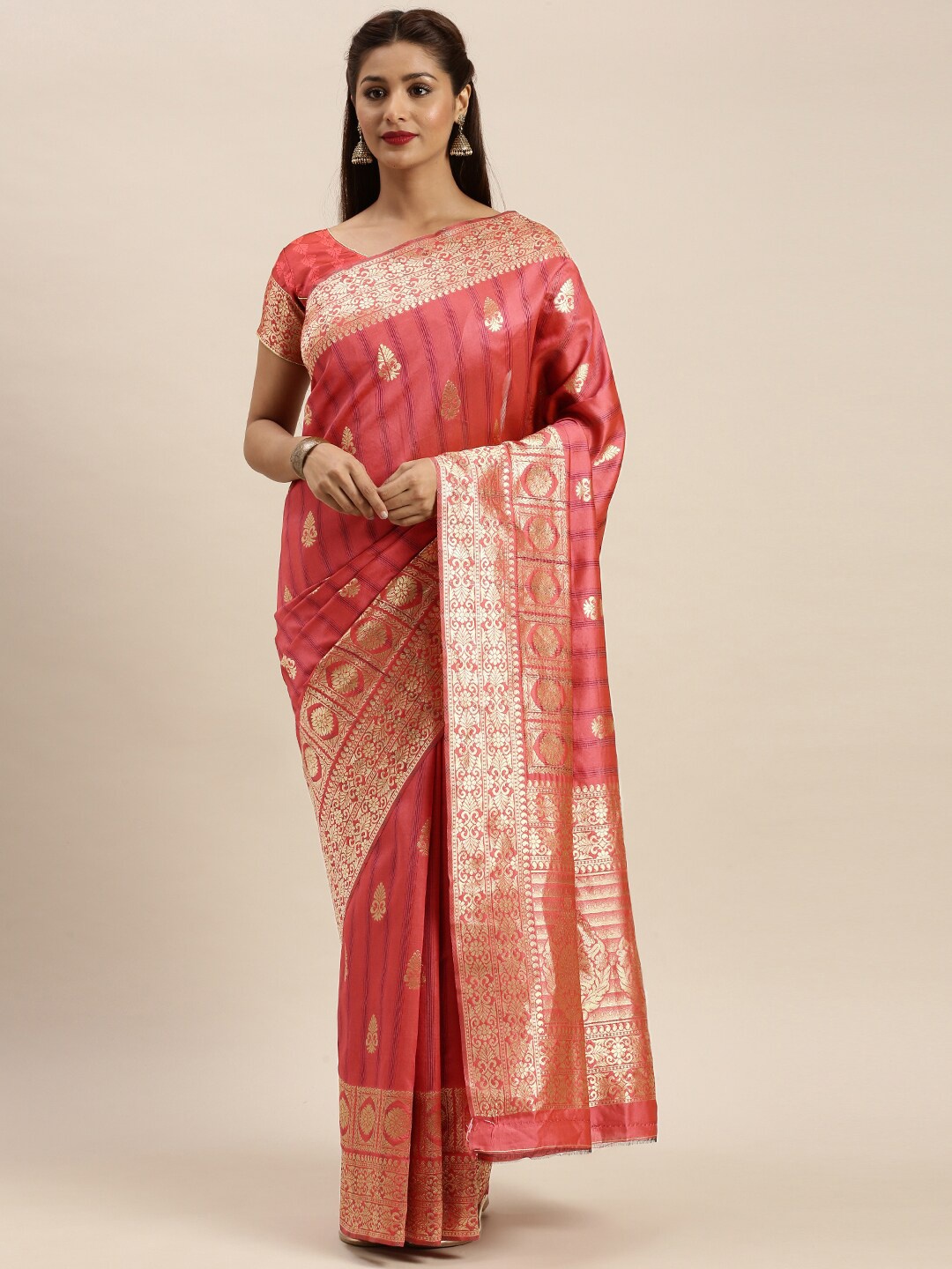 

Mitera Peach-Coloured & Gold-Toned Ethnic Motifs Zari Silk Blend Banarasi Saree