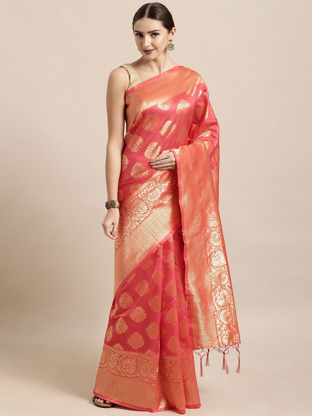 

Mitera Peach-Coloured & Gold-Toned Ethnic Motifs Zari Silk Blend Banarasi Saree