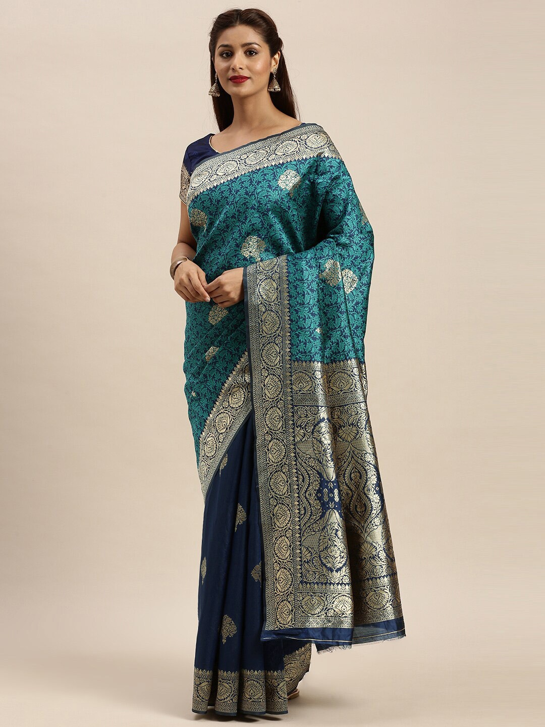 

Mitera Navy Blue & Blue Woven Design Zari Silk Blend Banarasi Saree