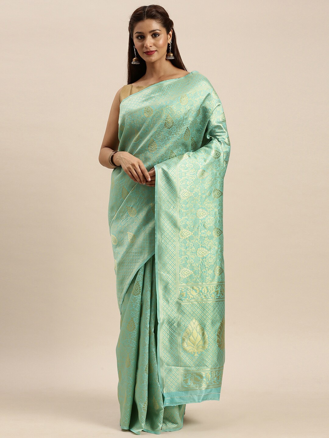 

Mitera Blue & Gold-Toned Ethnic Motifs Zari Silk Blend Banarasi Saree