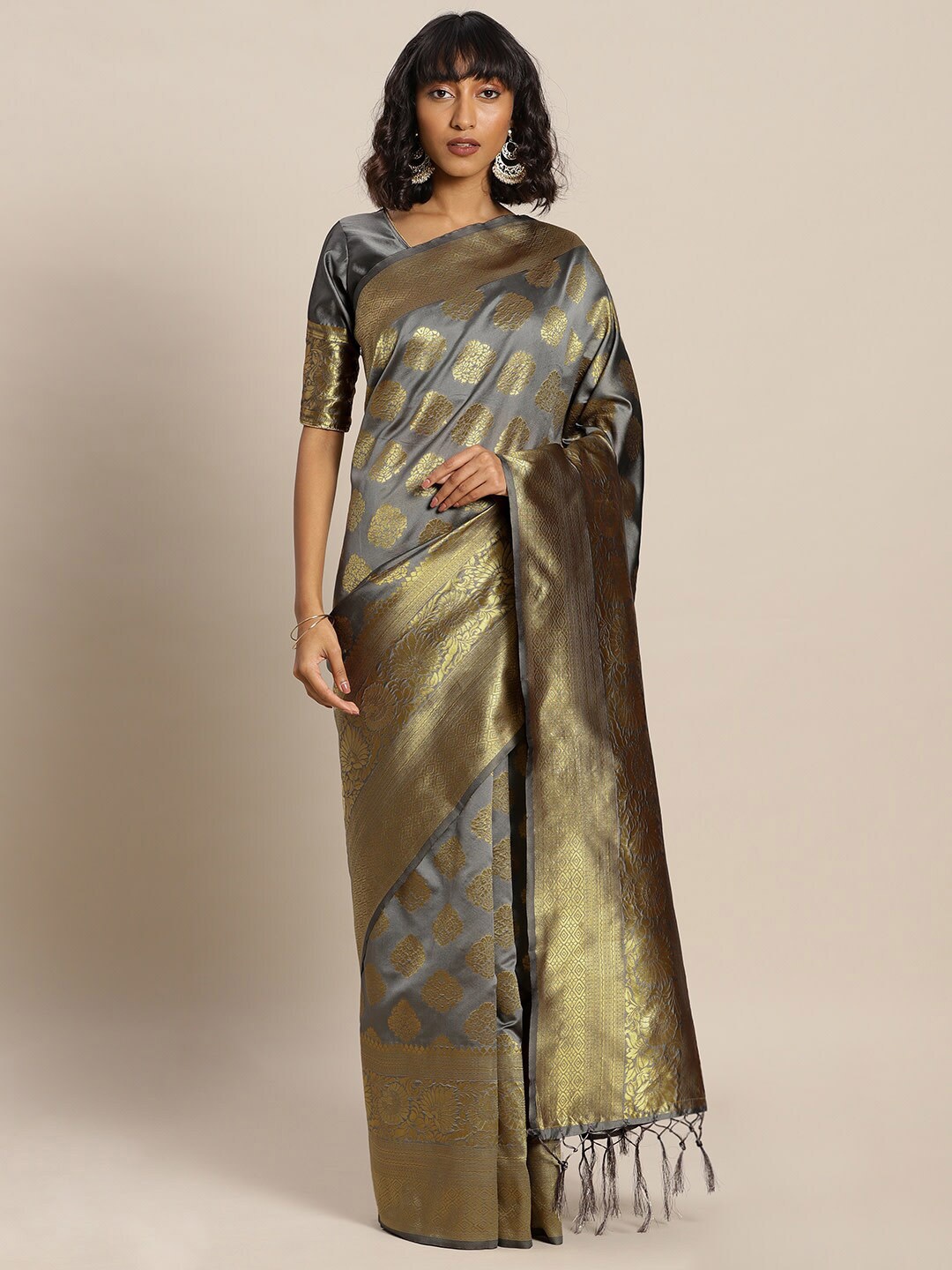 

Mitera Grey & Golden Ethnic Motifs Zari Silk Blend Banarasi Saree