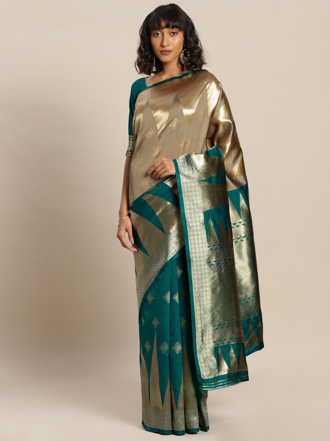 

Mitera Green & Gold-Toned Zari Silk Blend Banarasi Saree